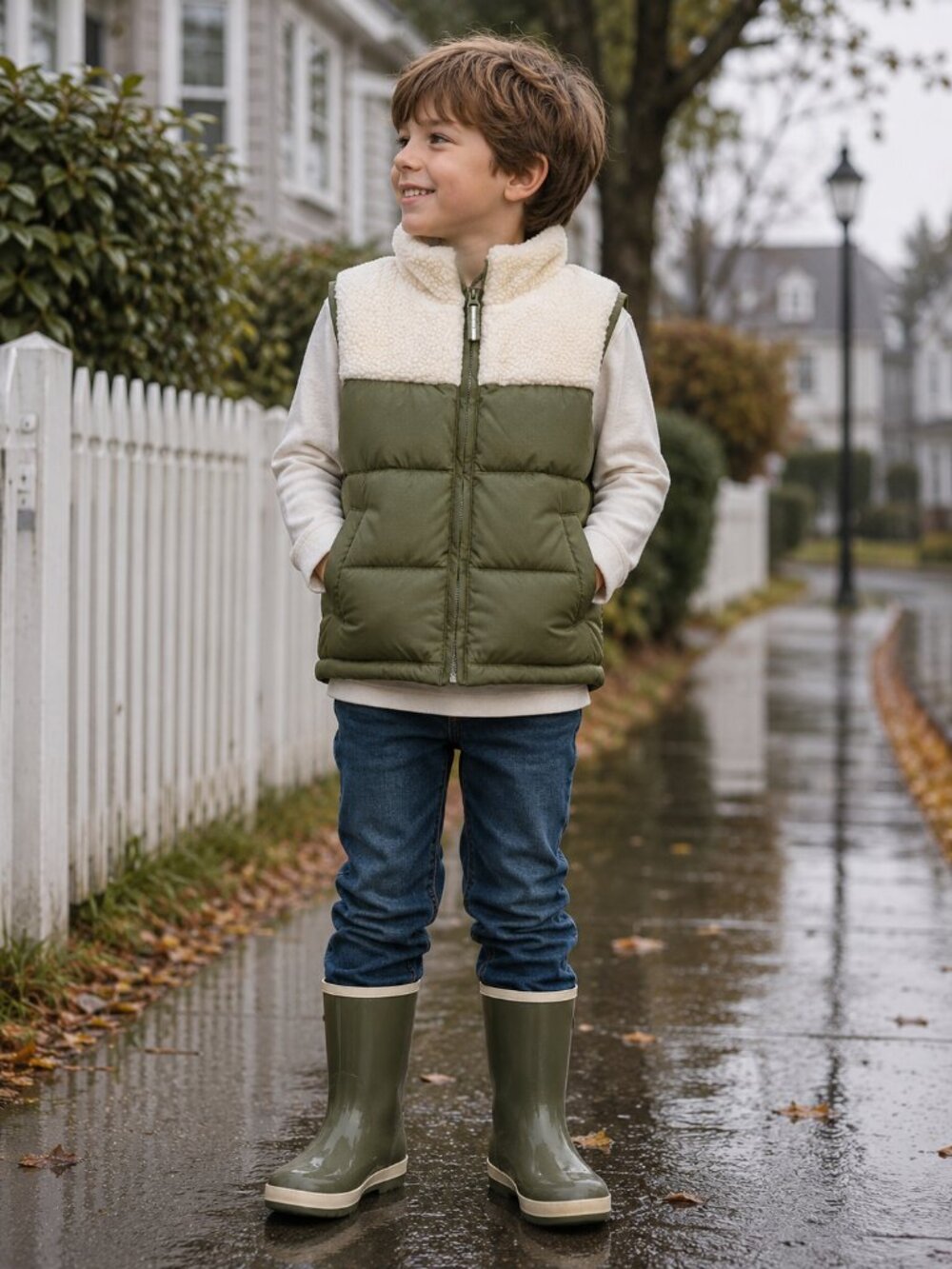 Cat & Jack Olive Green Puffer Vest Sherpa Fleece Trim Full Zip NWT Kids
